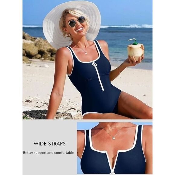 CHARMO‎ Swimsuit Women’s Size Small Navy White One Piece/ Zipper Front - Picture 5 of 14